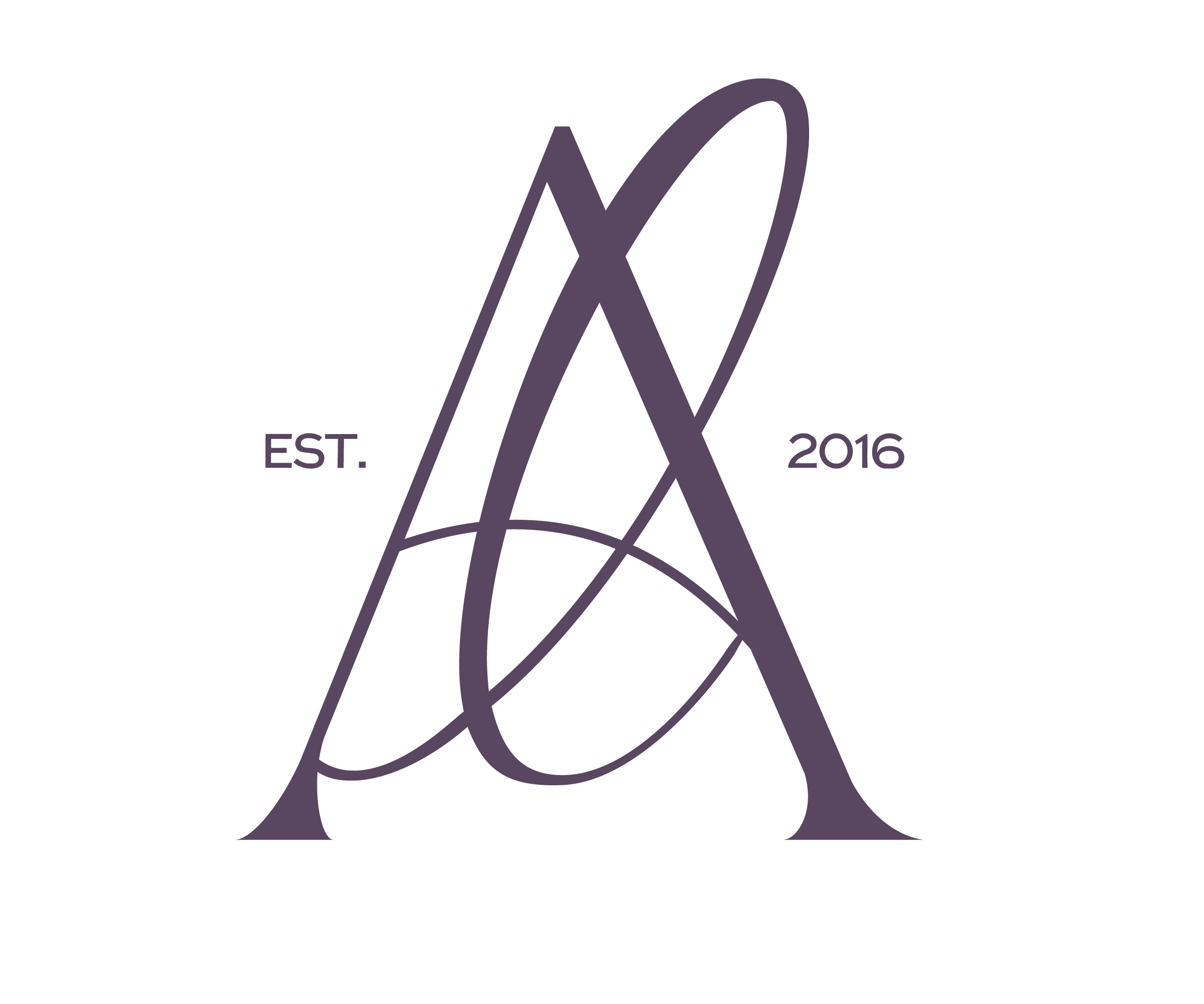 Purple abstract line art design with the text "YOGA" and "EST. 2016".