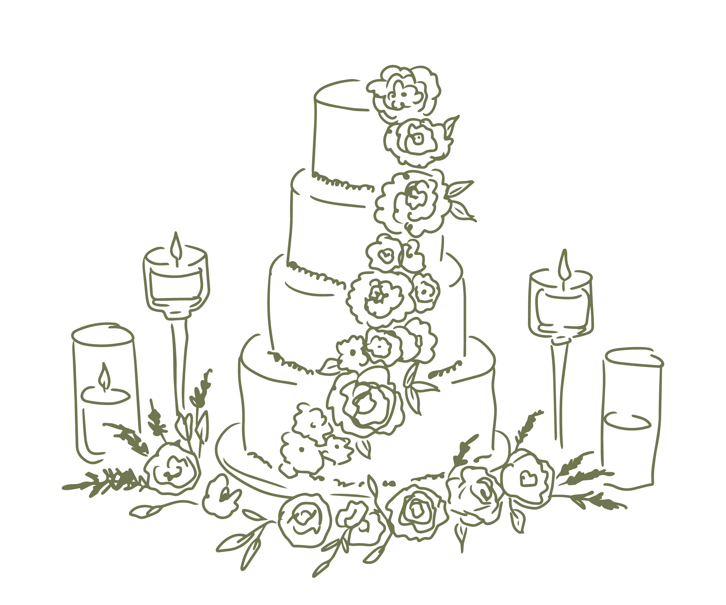 Line drawing of a tiered cake decorated with flowers, surrounded by candles and floral elements.
