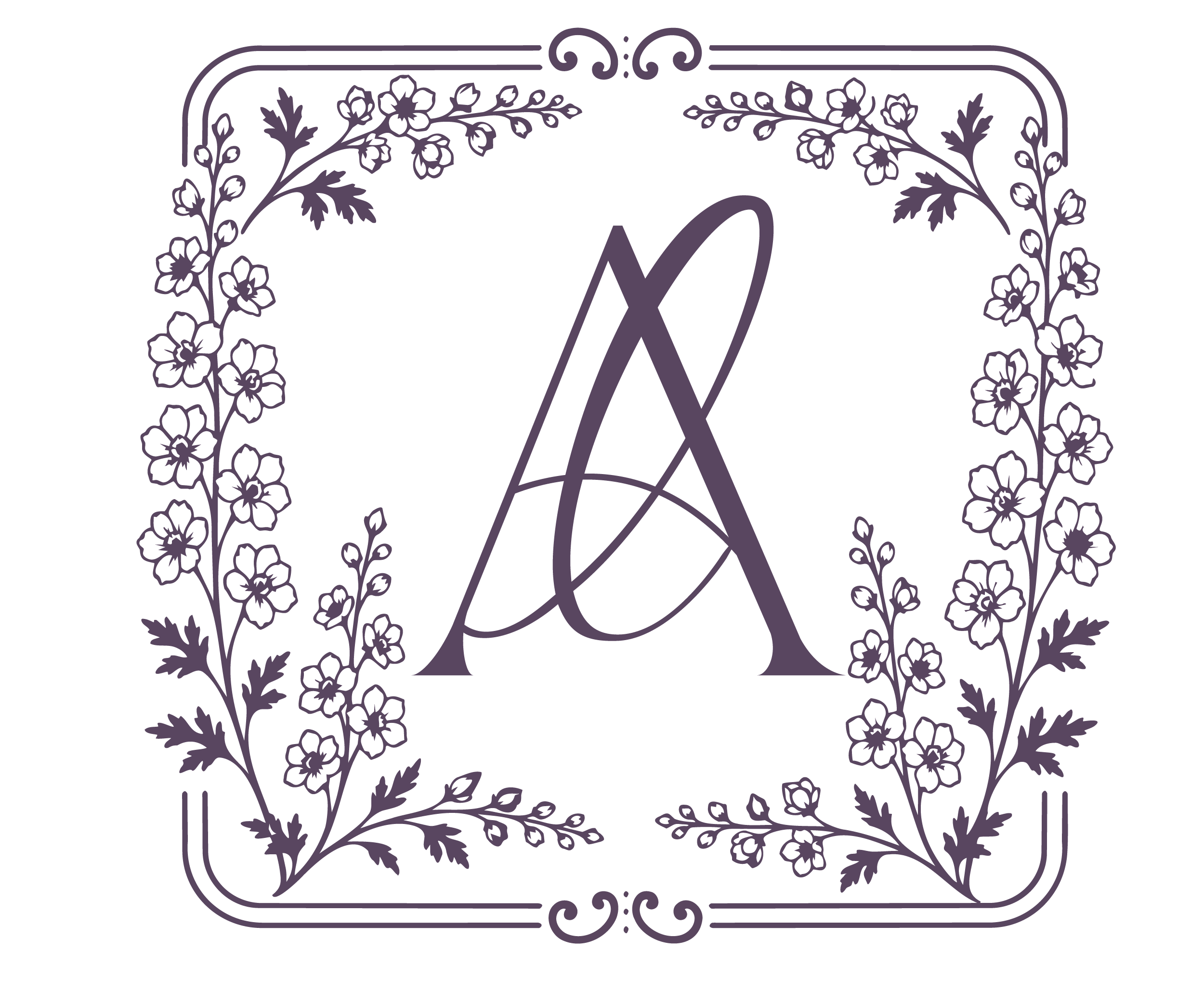 Elegant black and purple floral design with geometric elements.