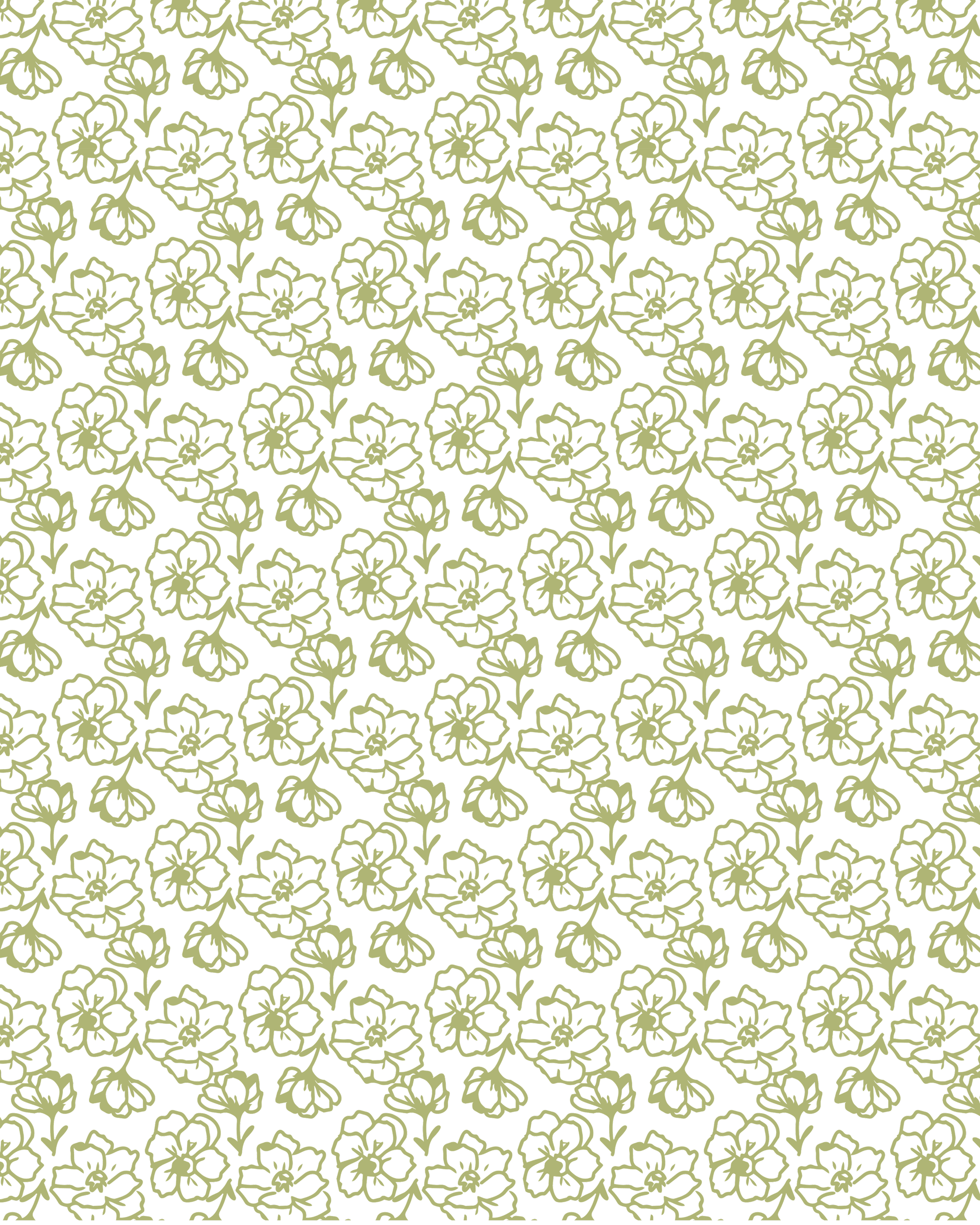 A pattern of light green floral outlines on a black background.