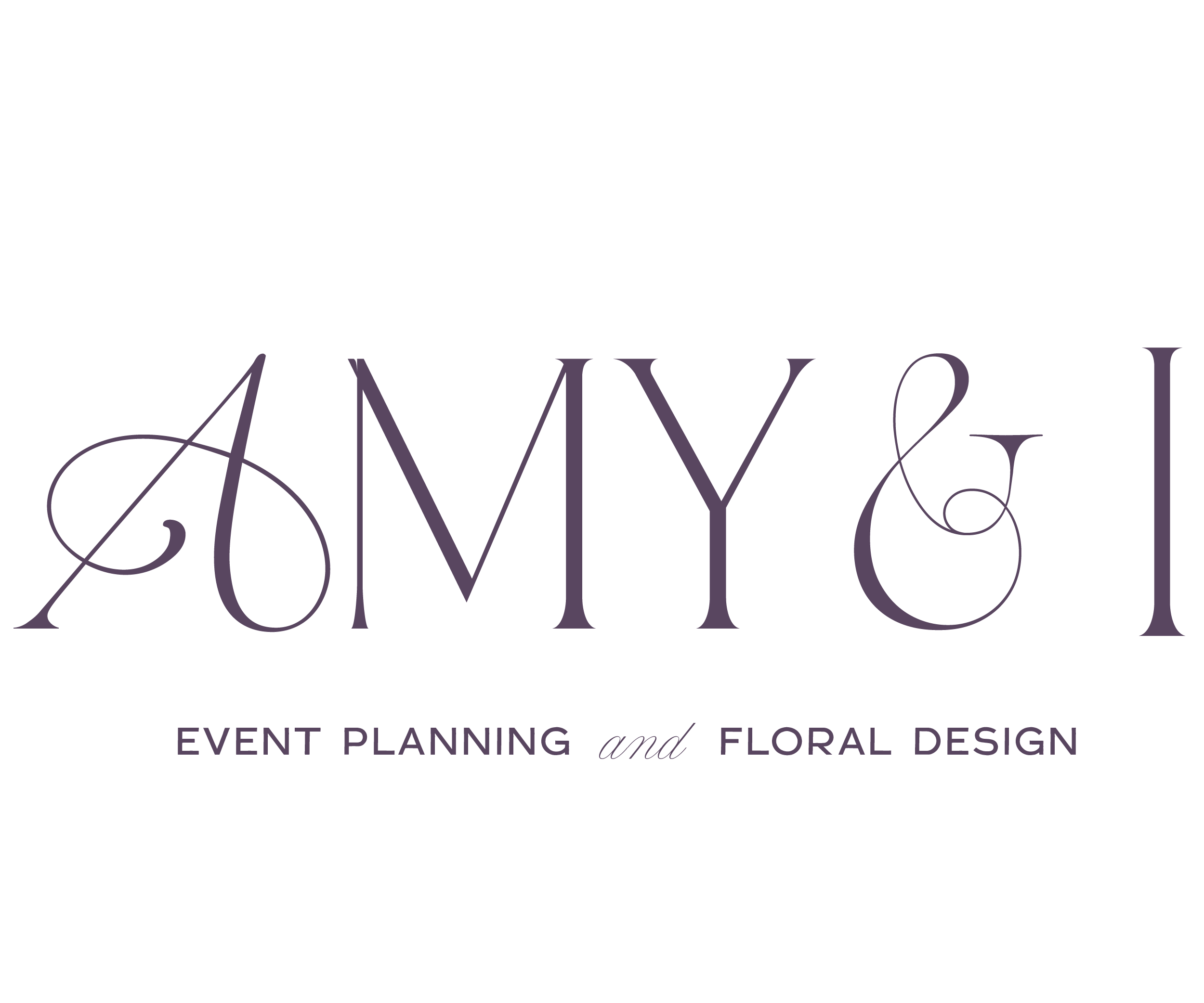 Logo for event planning and floral design business called Amy & Company with elegant purple text and floral accents.