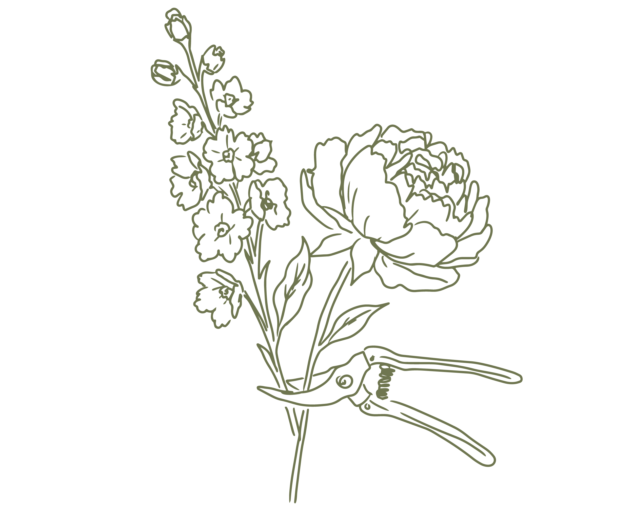 A line drawing of a flower bouquet with roses and other flowers in a hand, with a coiled wire at the base
