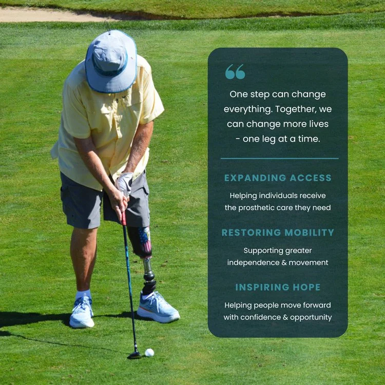 Golfer with a lower limb prosthesis putting during a One Leg At A Time charity golf tournament. The nonprofit expands access to prosthetic care, supports mobility and independence, and helps people move forward with confidence and opportunity.