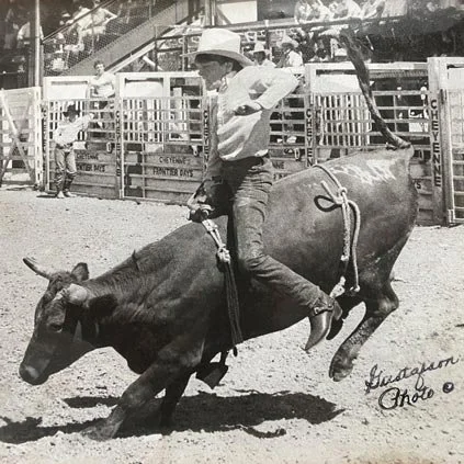 Childhood photo of Joe Johnson riding a bull.