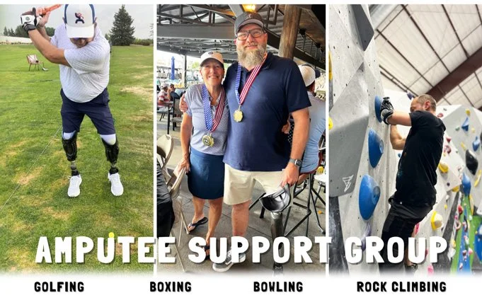 Amputee Support Group collage showing people with limb loss golfing, celebrating together, and rock climbing, representing adaptive activities such as golf, boxing, bowling, and climbing.