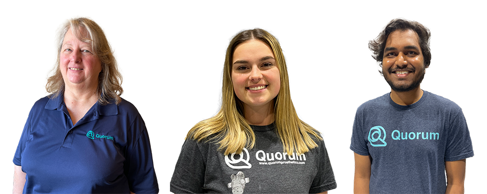 Newest additions to the Quorum Prosthetics team, Valerie, Greer, and Amogh, pictured as part of Quorum’s growing clinical, engineering, and support team.