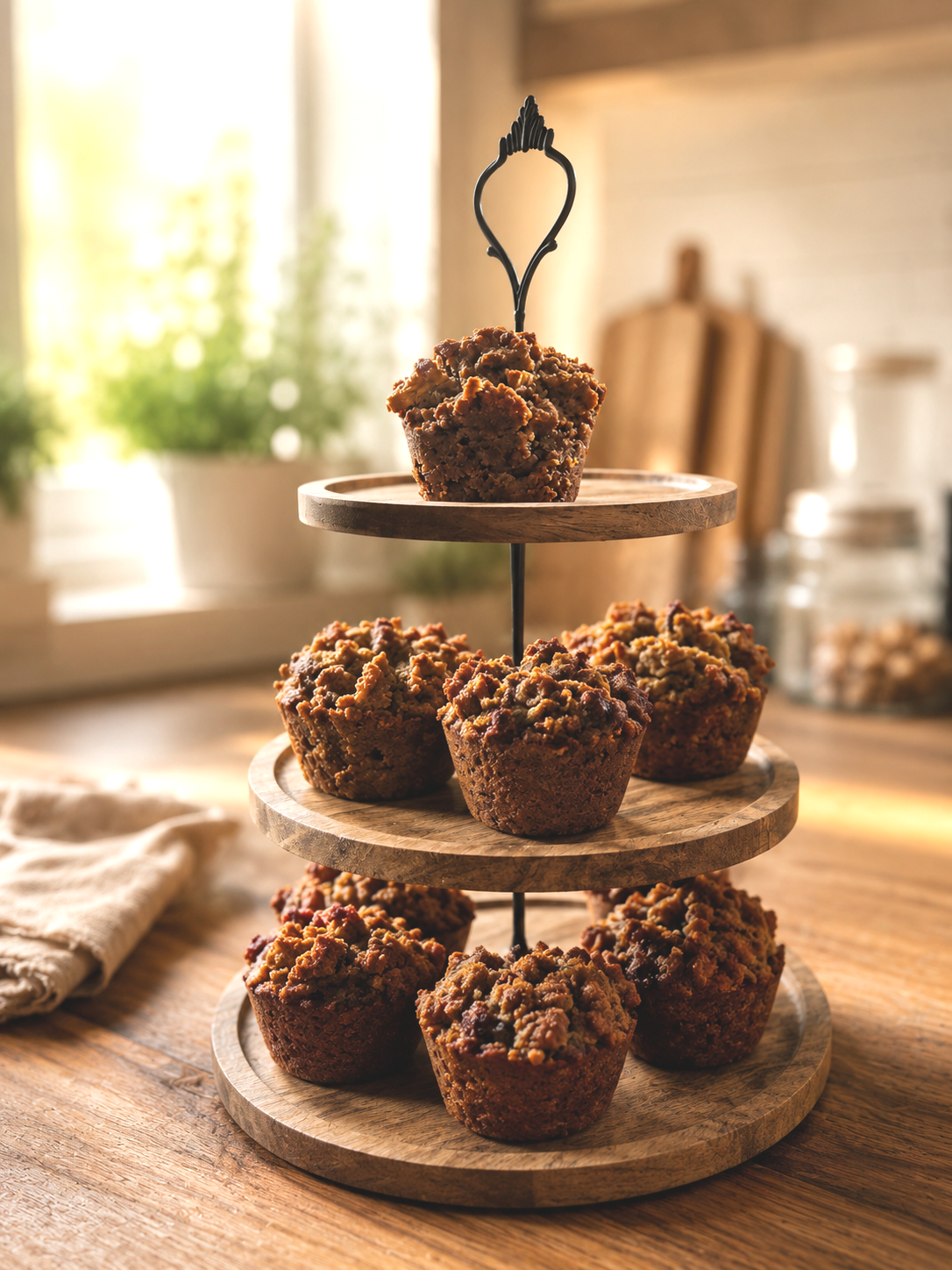 Un présentoir à cupcakes avec plusieurs muffins aux pépites de chocolat sans gluten et sans lactose, disposés sur des plateaux en bois dans une cuisine lumineuse.