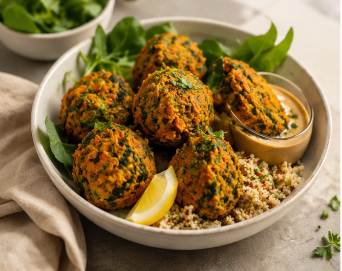 Baklava aux épinards et légumes, servi avec une sauce au yaourt, agrémenté de citron, sur un lit de quinoa, avec des feuilles de salade verte en arrière-plan.