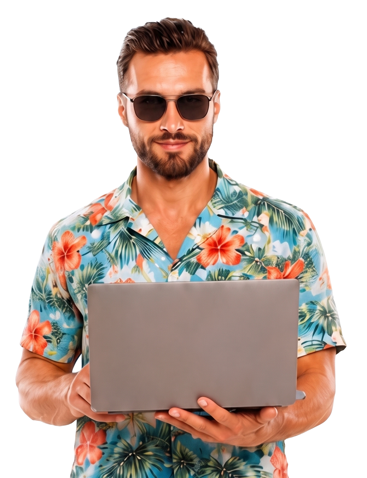 Man wearing sunglasses and a colorful Hawaiian shirt holding a laptop