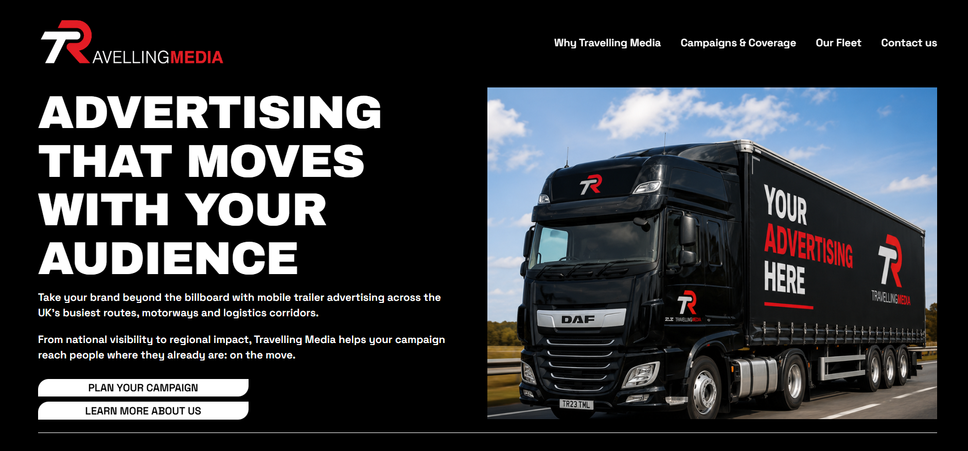 Screenshot of Travelling Media's website homepage