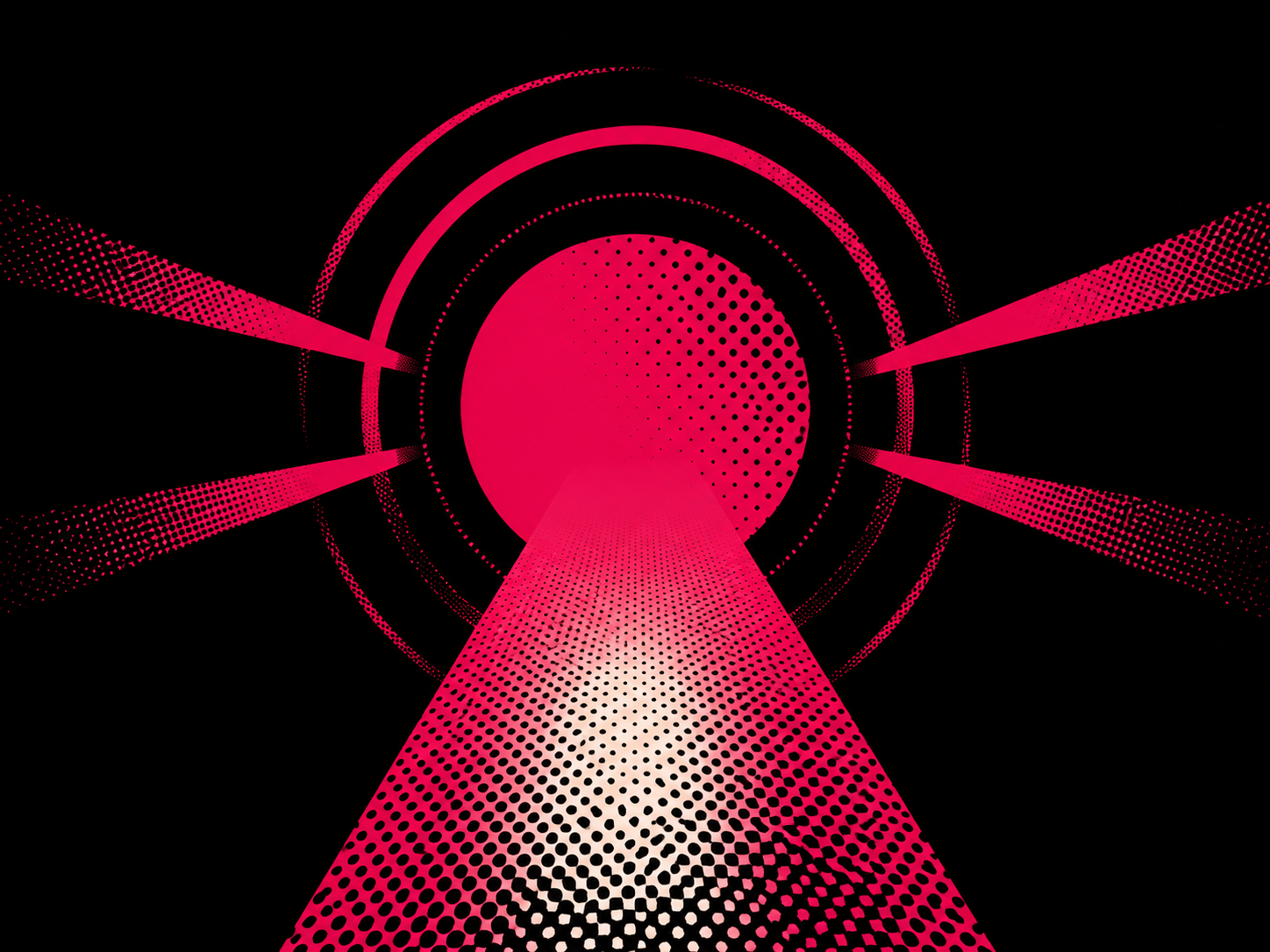 Abstract digital art with pink halftone patterns and concentric circles on a black background, featuring diagonal pink beams radiating from a central pink circle.