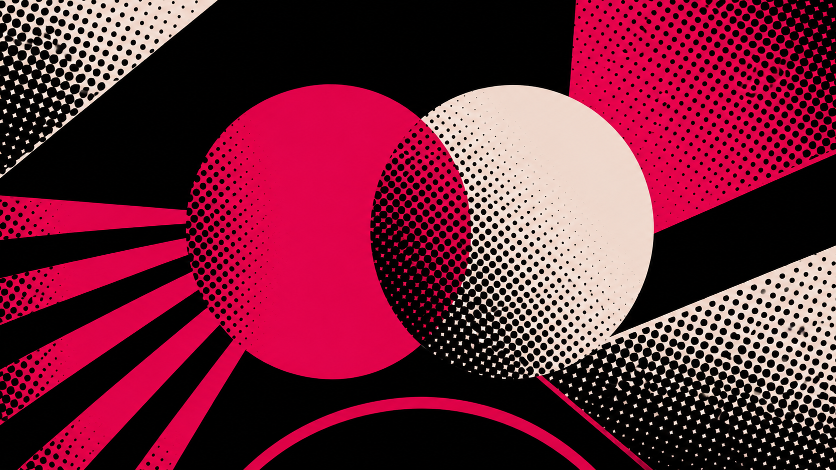 Abstract geometric artwork with circles, halftone patterns, and pink and black color scheme.