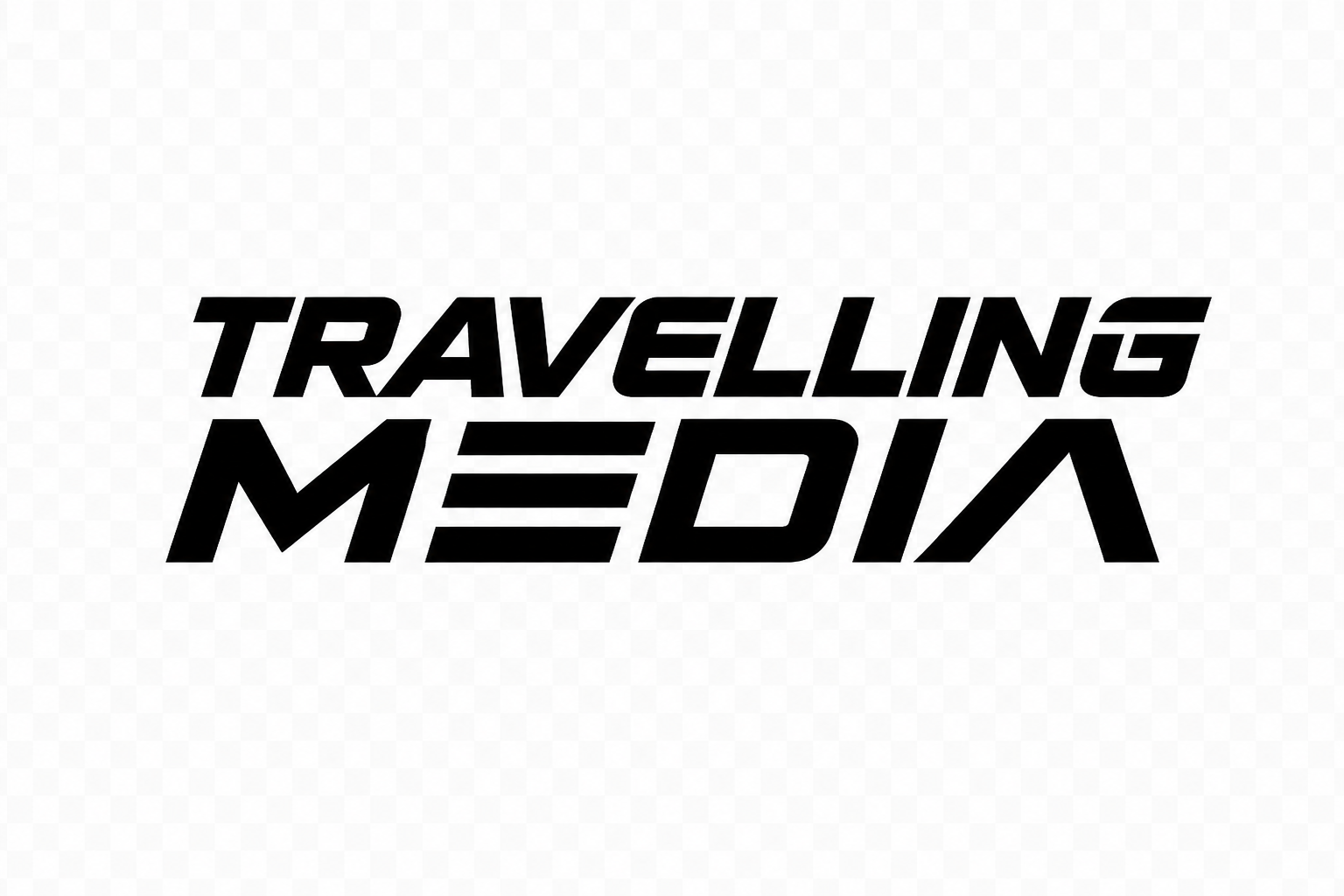 Text reading 'Traveling Media' in bold, stylized black font on a white background