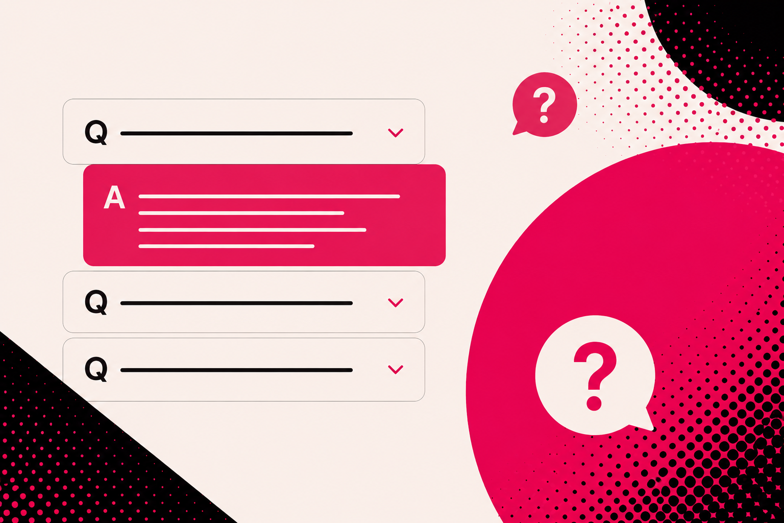 Illustration of a question and answer format with dropdown menus and speech bubbles with question marks, in pink, black, and white colors.