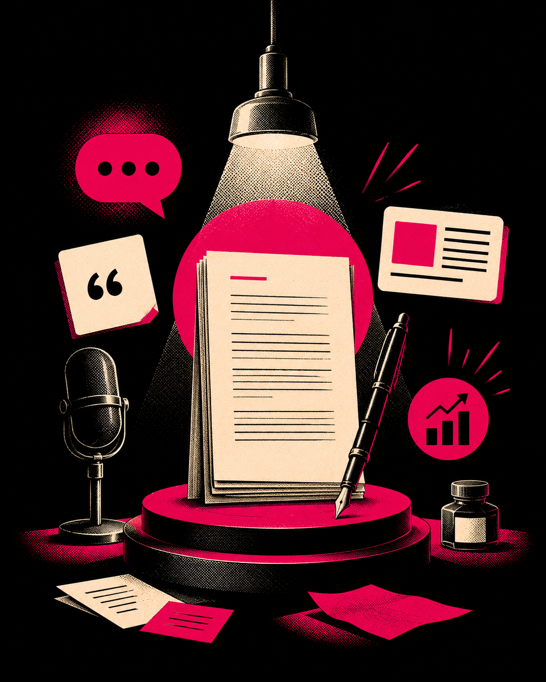 Illustration of a desk with a large open book, a pen, and scattered documents, illuminated by a hanging lamp. Surrounding icons include a speech bubble, quotation marks, a presentation slide, a bar chart, a microphone, and a bottle of ink.