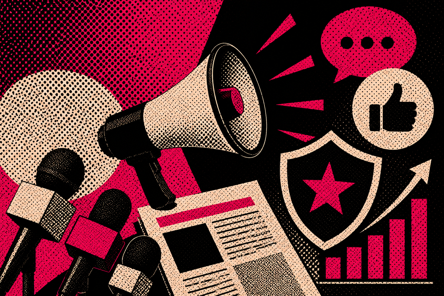 Illustration of a megaphone, microphones, newspaper, social media icons including speech bubble, thumbs up, arrow, shield with star, and bar graph on a pink and black background.