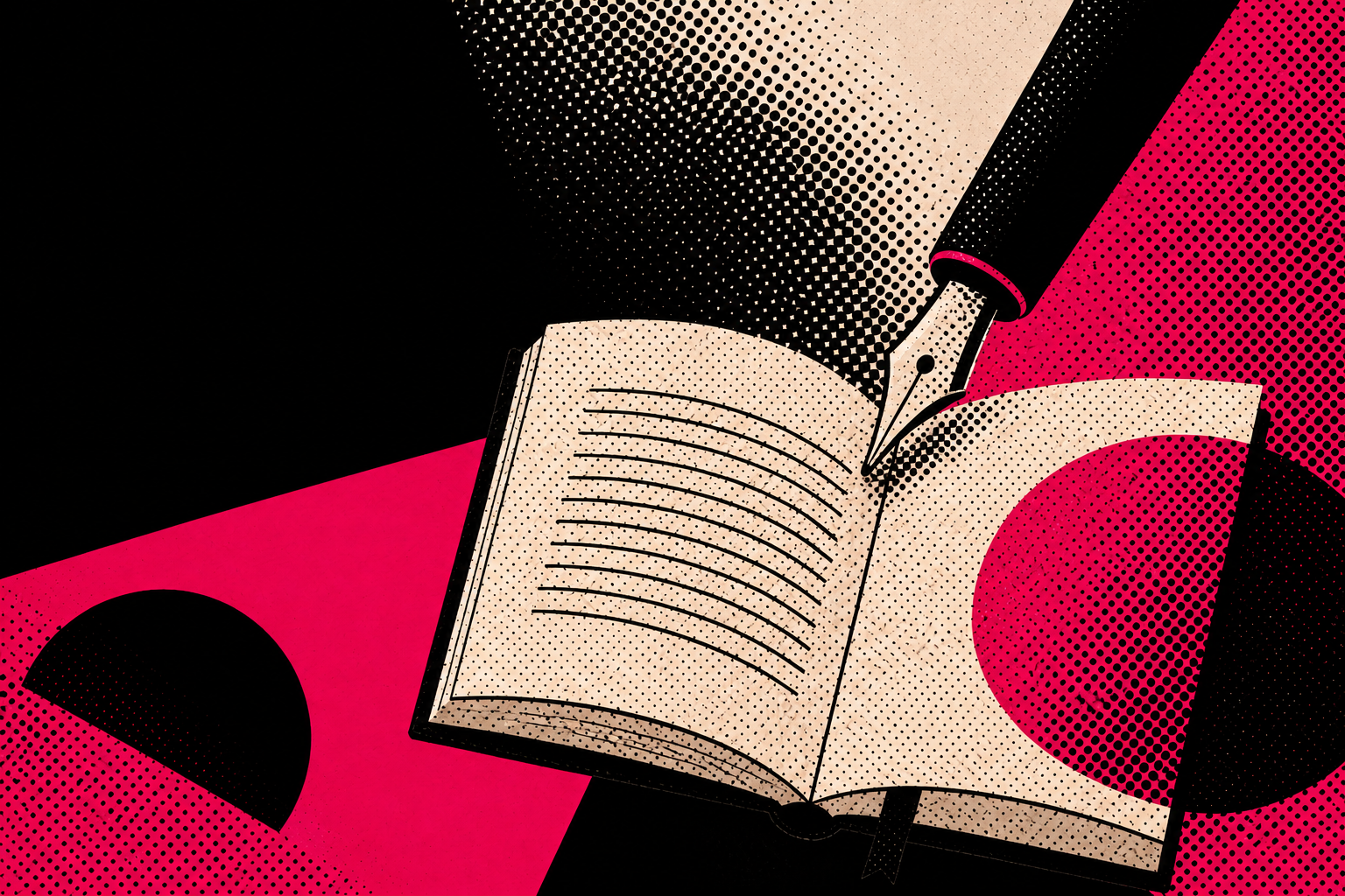 Illustration of an open book with lined pages and a fountain pen writing on it, featuring a halftone dotted style with black, pink, and beige colors.