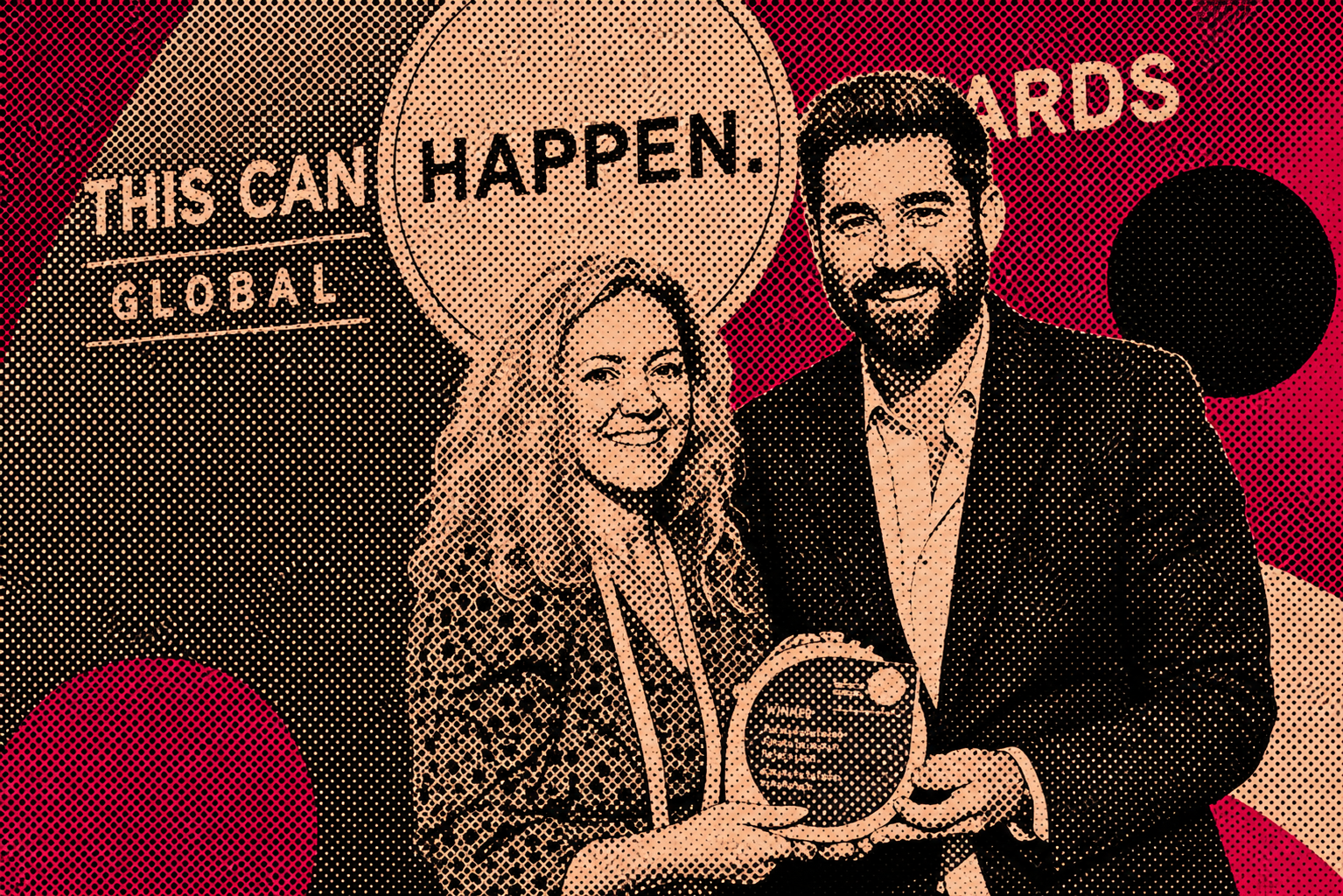 Two smiling people, a woman and a man, holding a round award, standing in front of a backdrop with text that says 'This can happen' and 'Global Awards'.