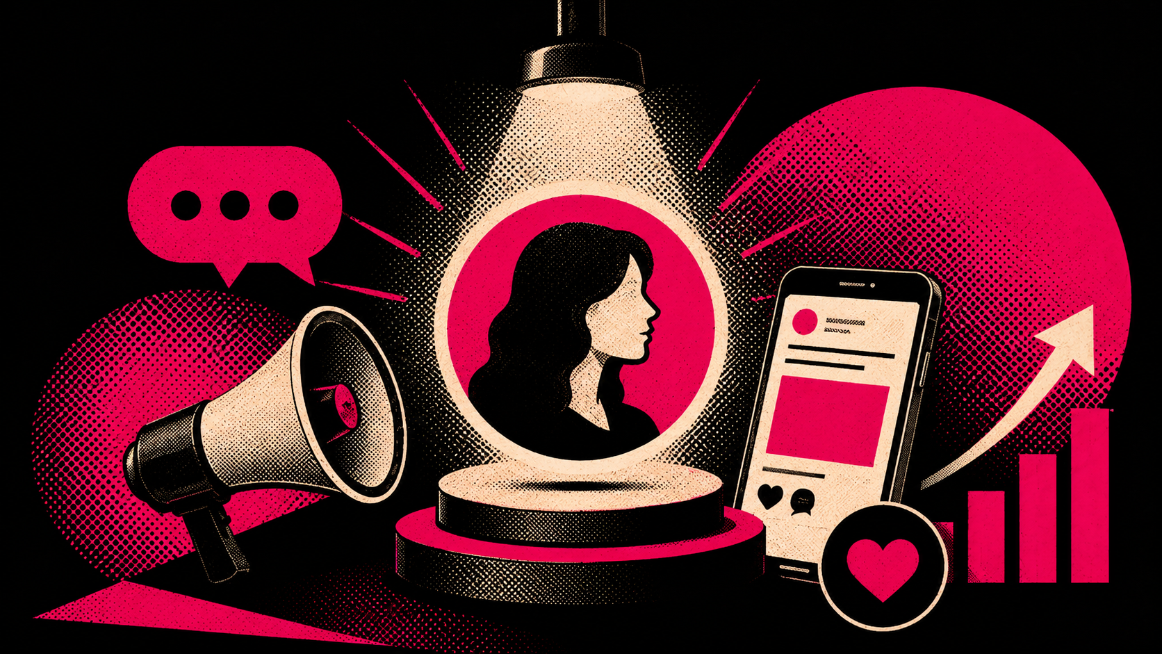 Digital illustration depicting social media marketing concepts with a silhouette of a woman at the center, a megaphone, speech bubble, smartphone with a social media interface, a heart icon, and an upward trending arrow, all in pink, black, and beige tones.