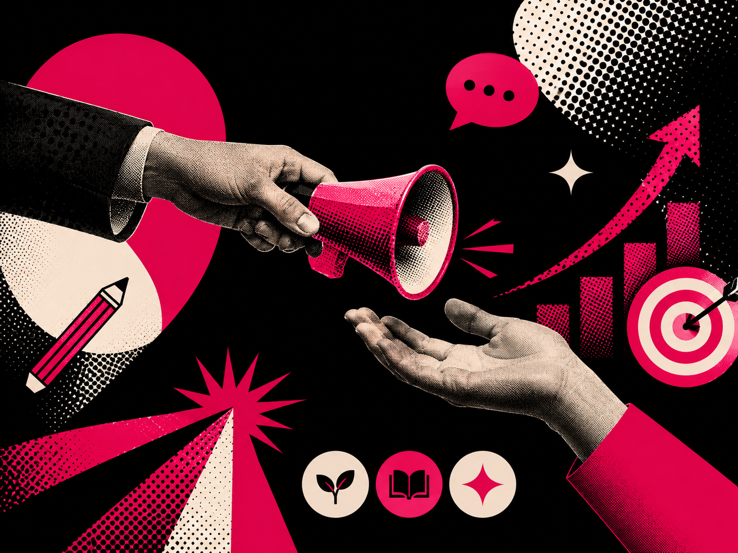Two hands, one holding a pink megaphone and the other reaching out, surrounded by abstract graphics including a target, upward arrow, speech bubble, pencil, and icons representing growth, knowledge, and innovation, with a black background and pink accents.