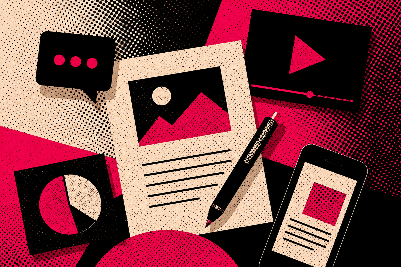Graphic design workspace with papers, a pen, and a smartphone displaying charts and images, in a pink, black, and white color scheme.