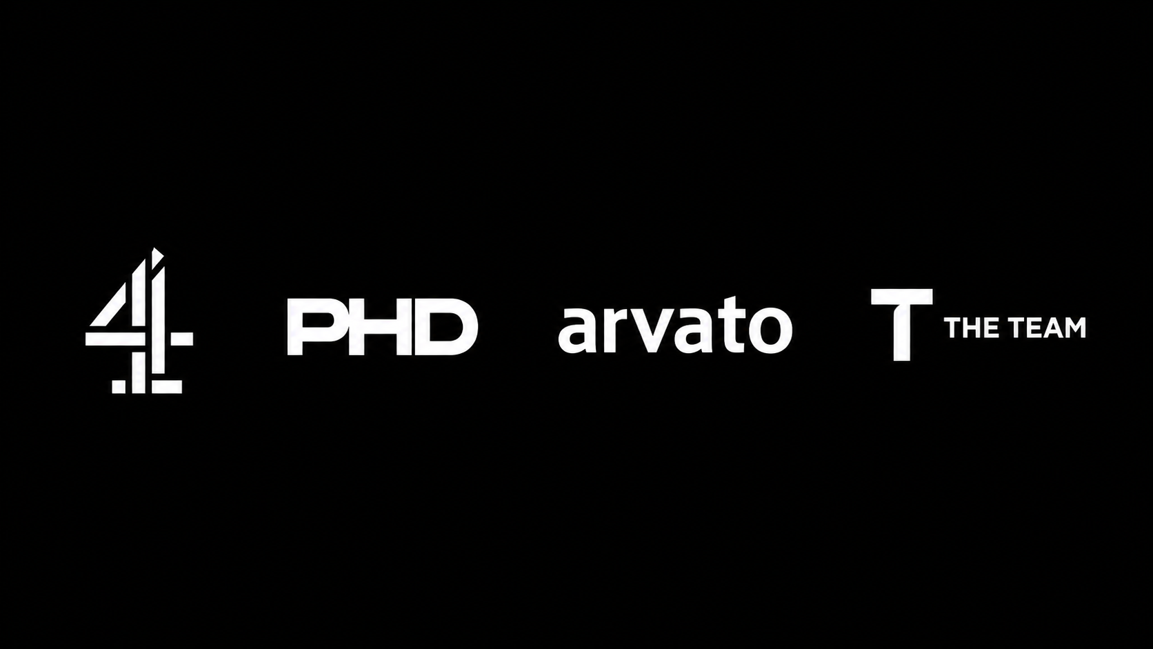Black background with white logos and text: the Channel 4 logo, 'PHD', 'arvato', a stylized 'T', and 'THE TEAM'