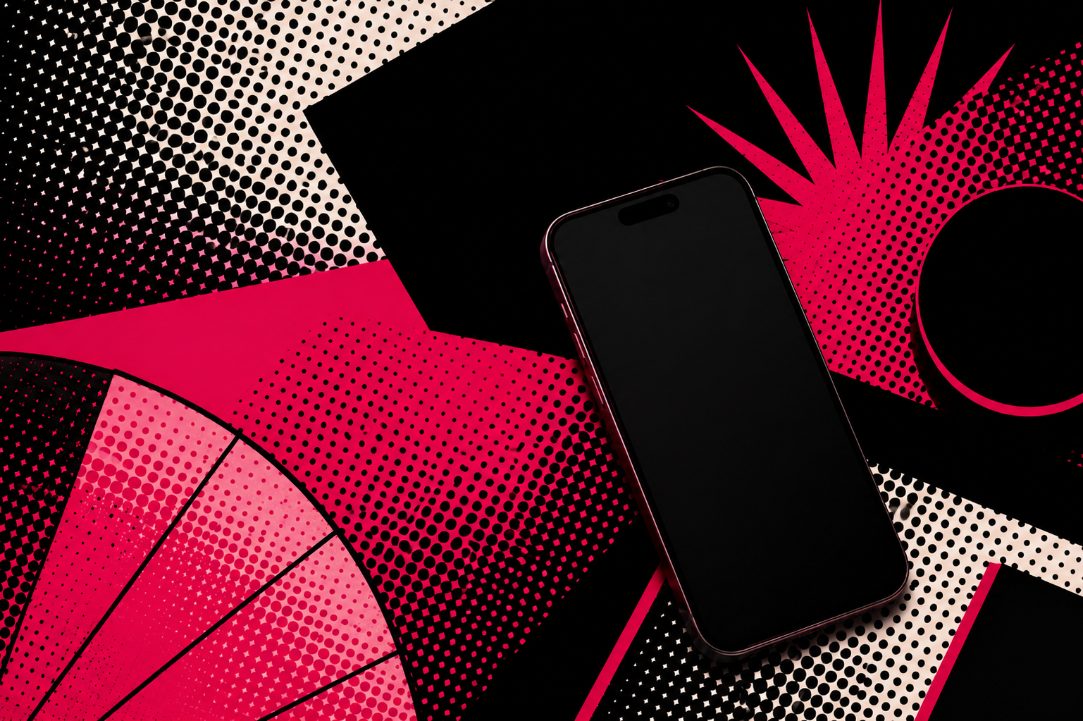 A smartphone lying on a surface with vibrant, geometric, pop art-inspired patterns in pink, black, and white, including half circles, lines, dots, and a crescent shape.