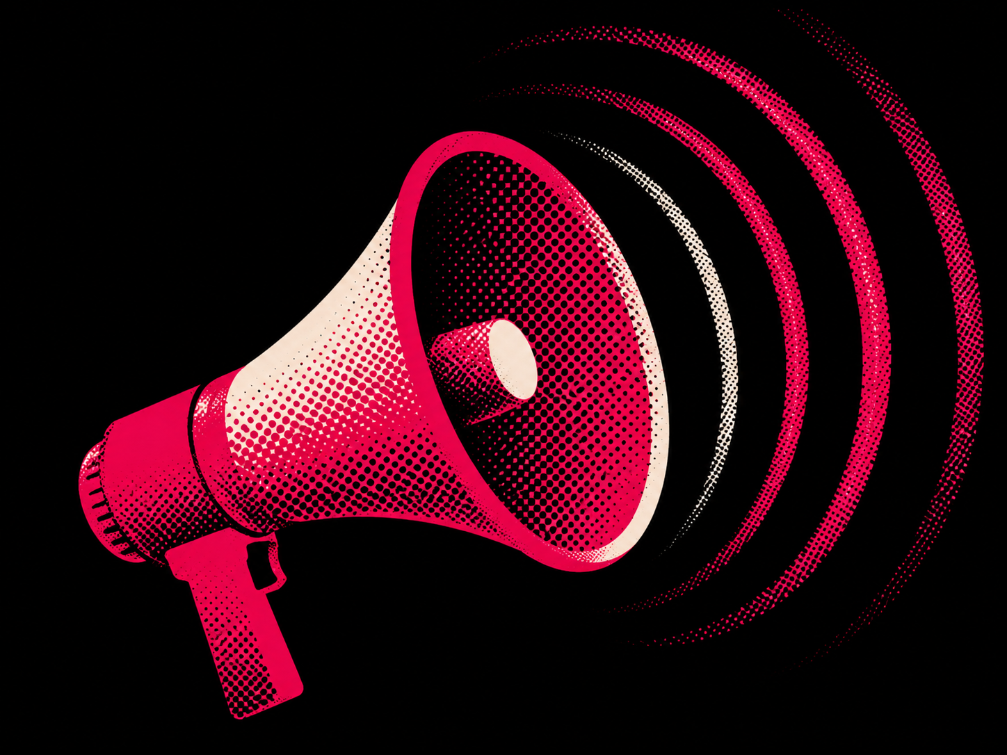Stylized pink megaphone emitting sound waves on a black background.