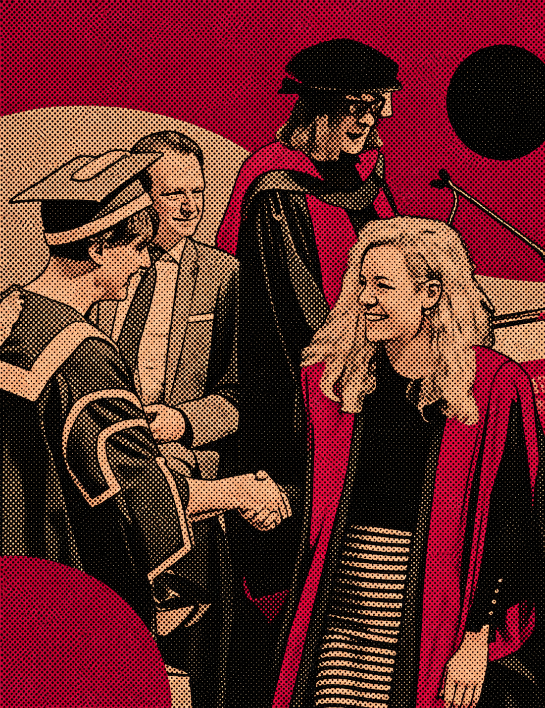 A graduation ceremony with a woman shaking hands with a young graduate in cap and gown, surrounded by other graduates and a woman at a podium, with a red background and black circle.