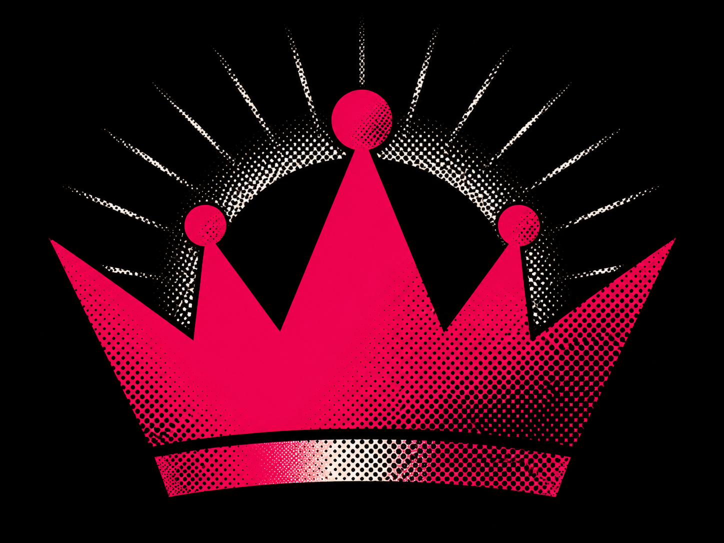 A stylized pink crown with halftone dot patterns and white accents on a black background, emitting radiating lines.