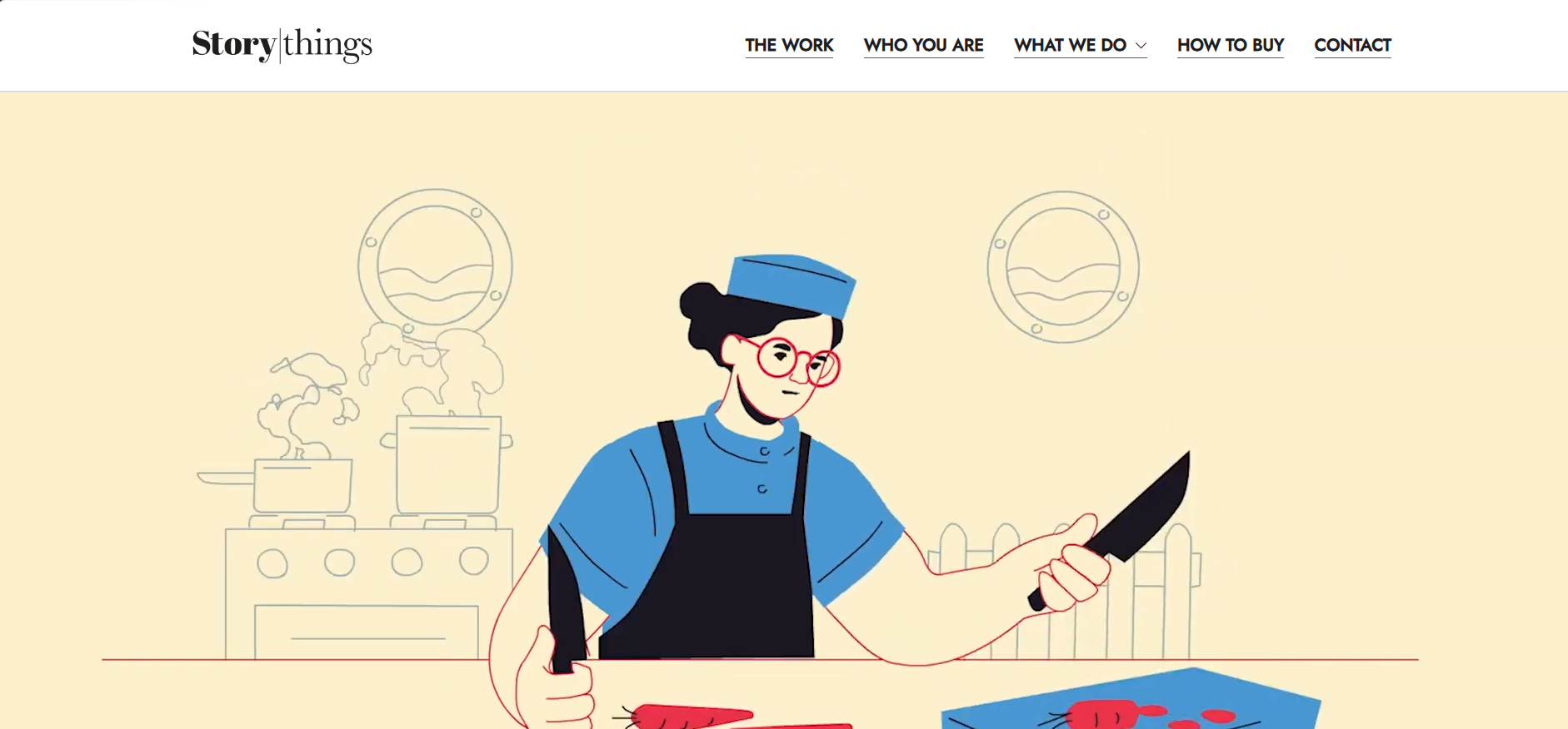 Illustration of a woman chef in a blue uniform and red glasses chopping a carrot in a home kitchen, with a stove and window in the background.