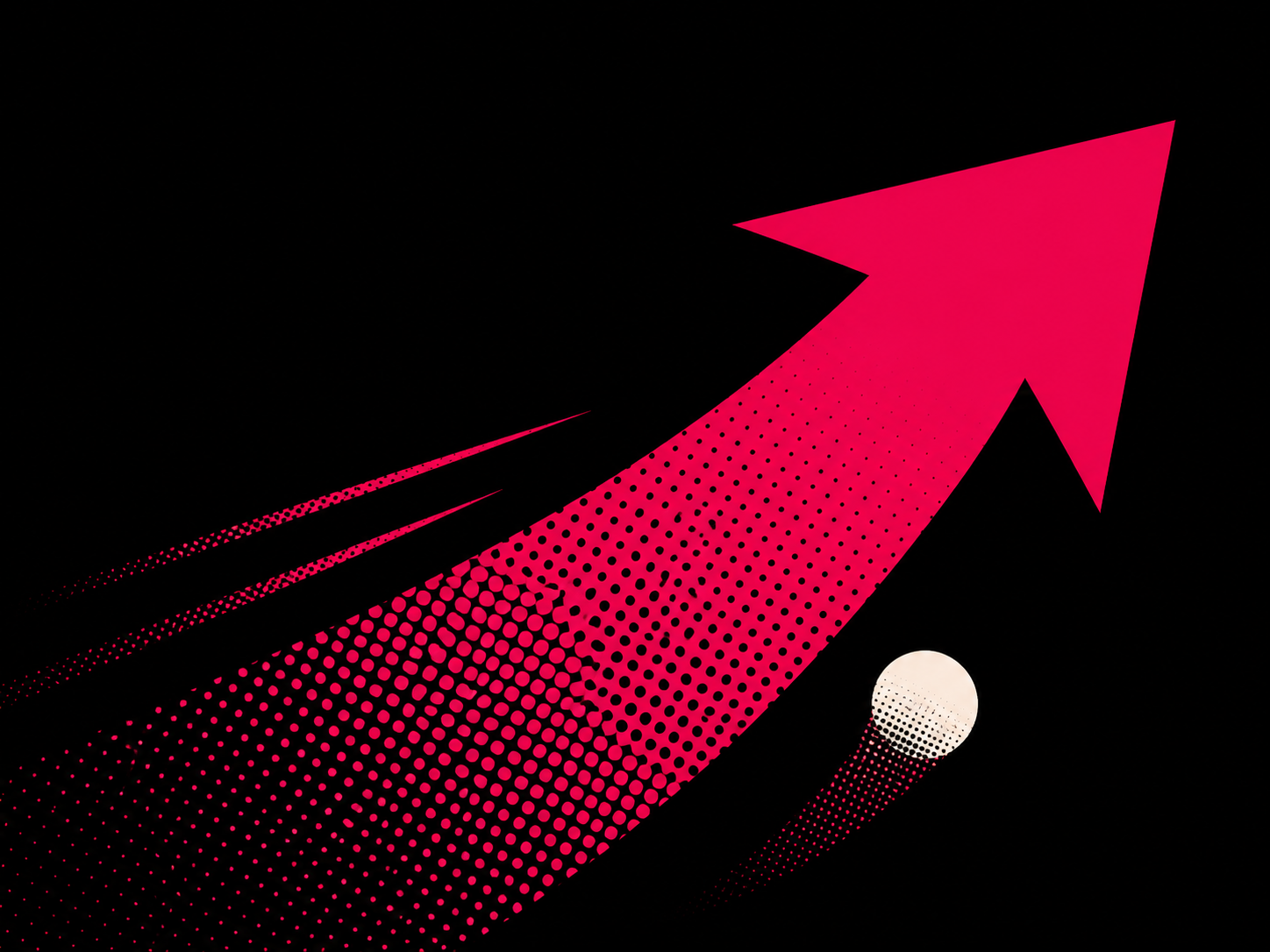 A pink arrow with a dotted pattern pointing upward and to the right on a black background, with a white circle and smaller dotted arrow beneath.