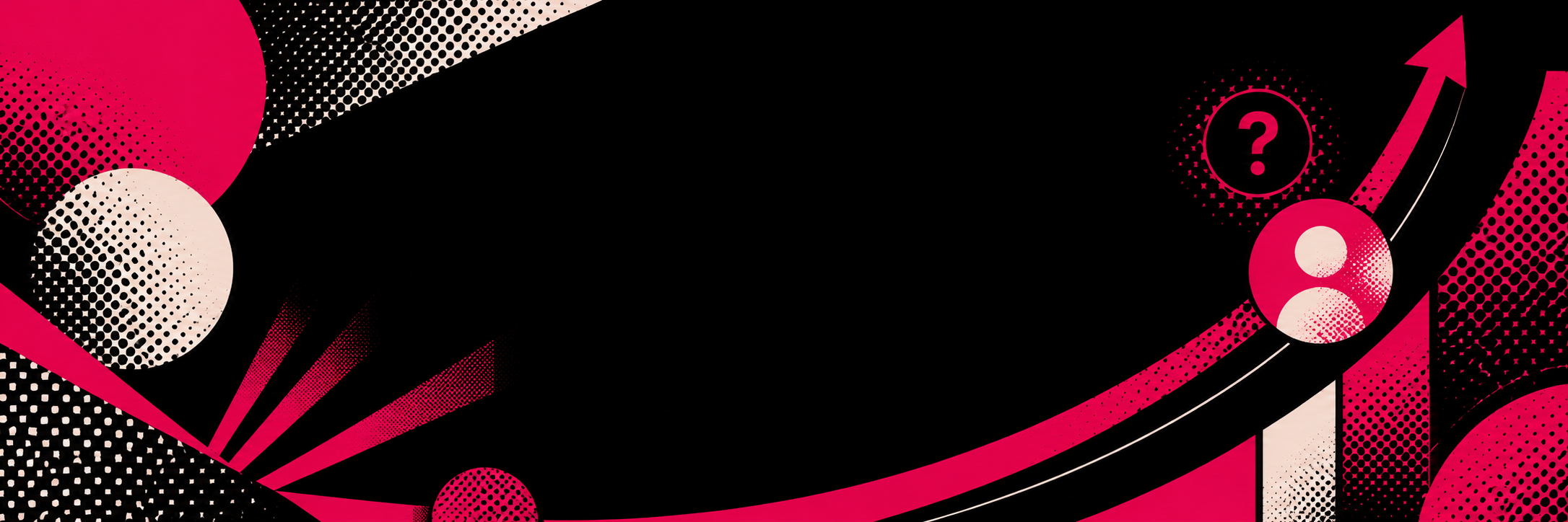 Abstract digital graphic with pink, black, and white elements including circles, lines, and dotted patterns, featuring a pink question mark inside a circle and an upward arrow.