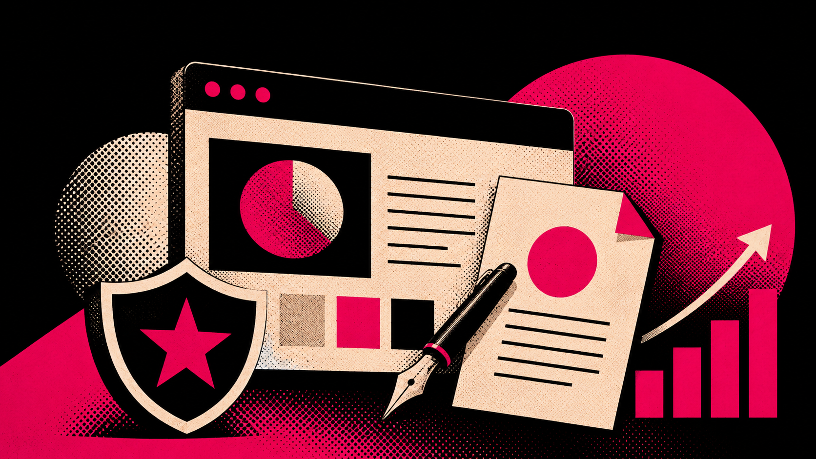 Graphics illustrating data security and analytics with a shield, pie charts, reports, pen, and upward trending graph in pink, black, and beige colors.