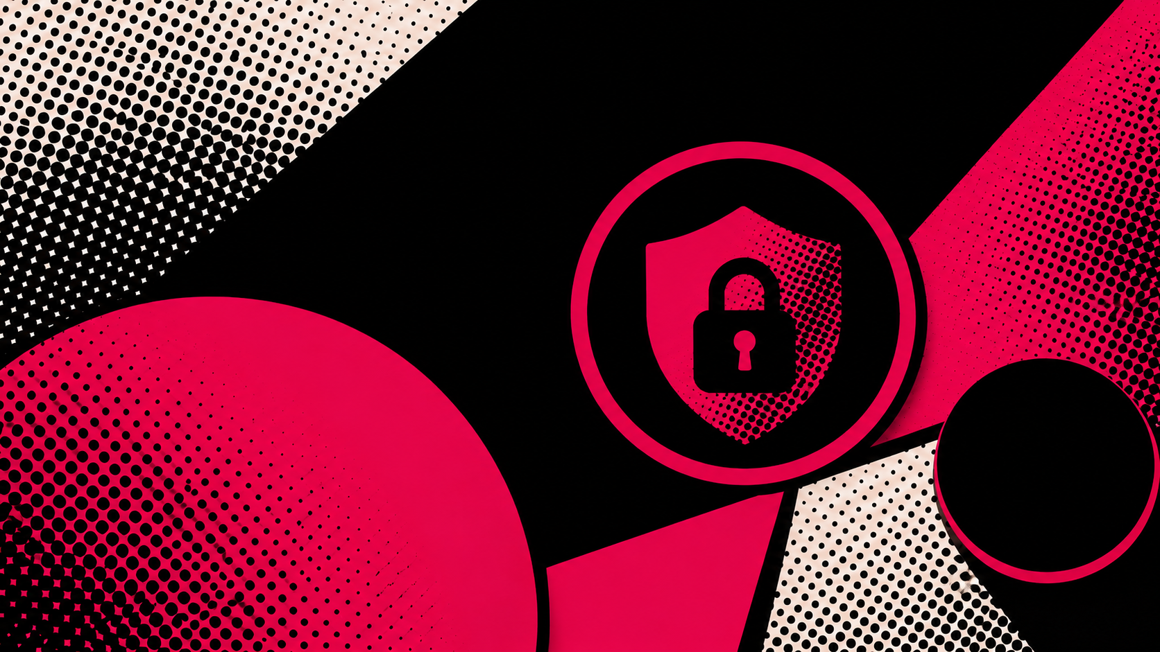 Digital illustration featuring a security shield with a lock symbol, surrounded by pink and black abstract shapes and dotted patterns.