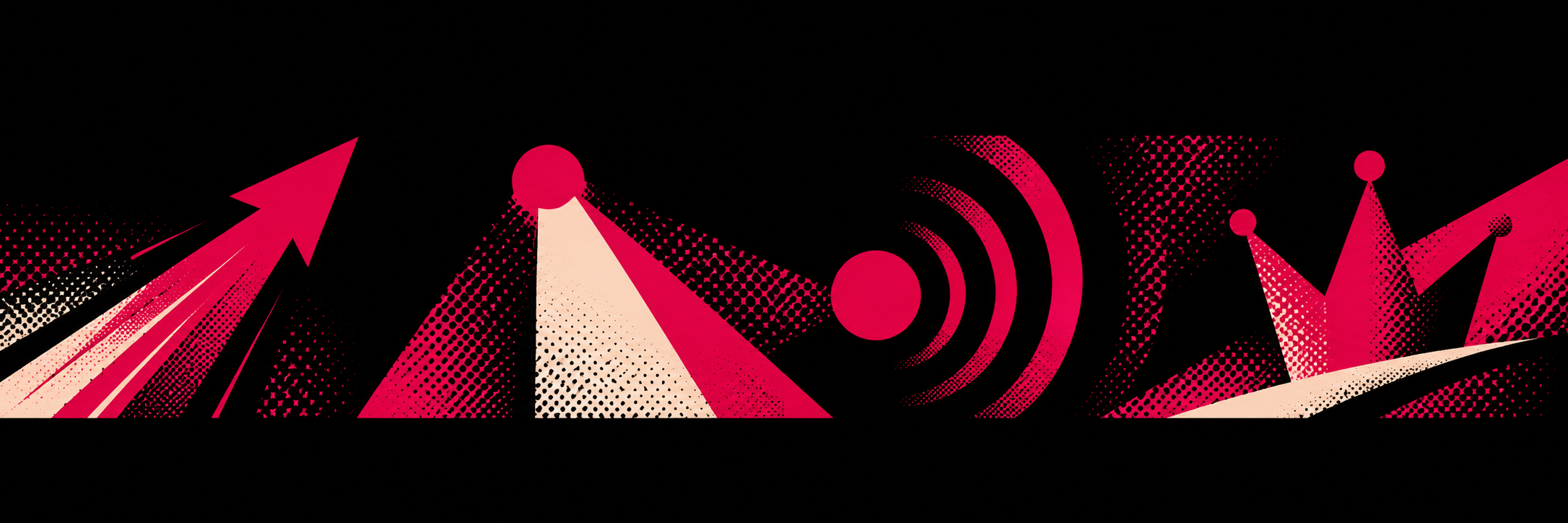 Abstract digital artwork featuring pink and white arrows and circles with sound waves and halftone patterns on a black background.