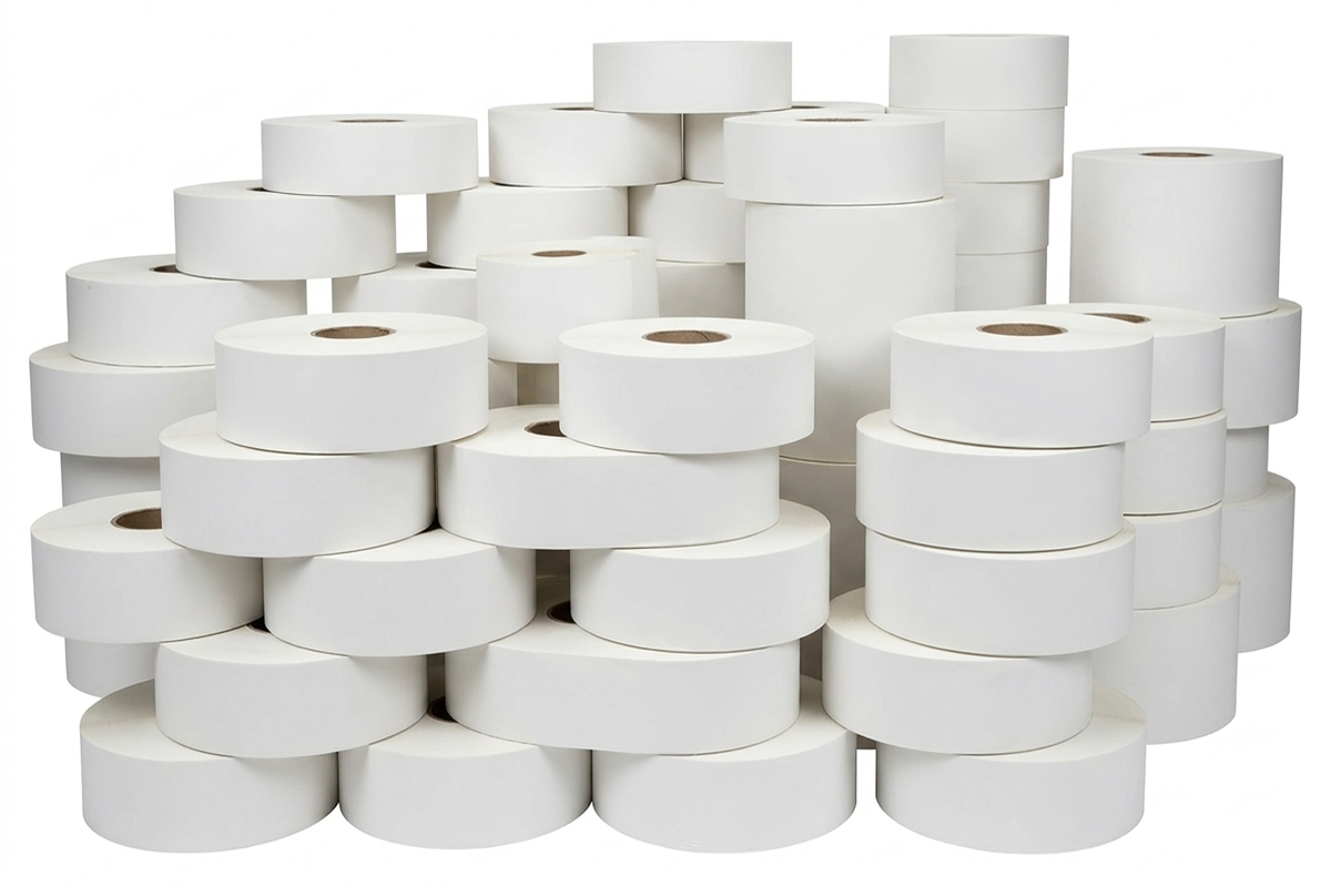 uneven stacks of roll label stock