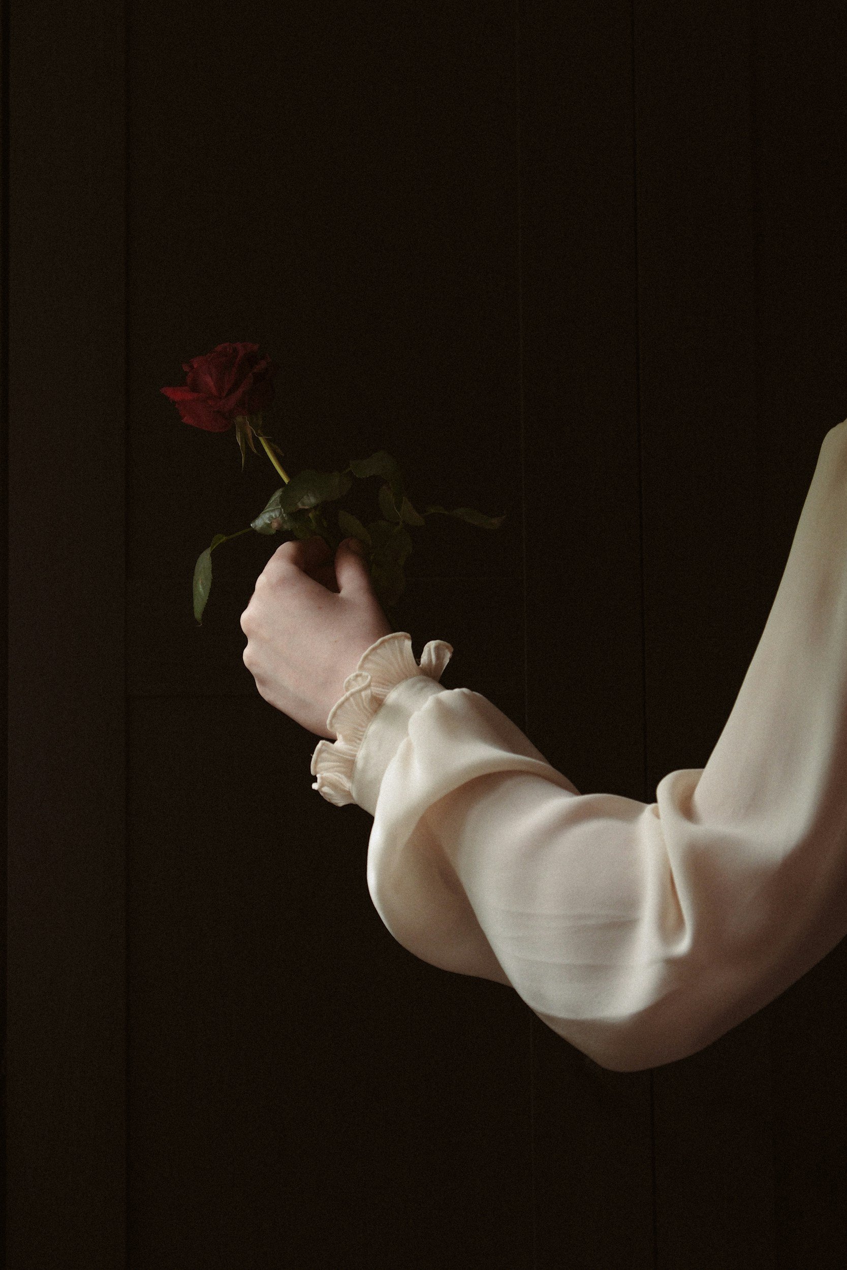 A person holding a red rose against a dark background, wearing a beige or cream-colored long sleeve shirt with ruffled cuffs.