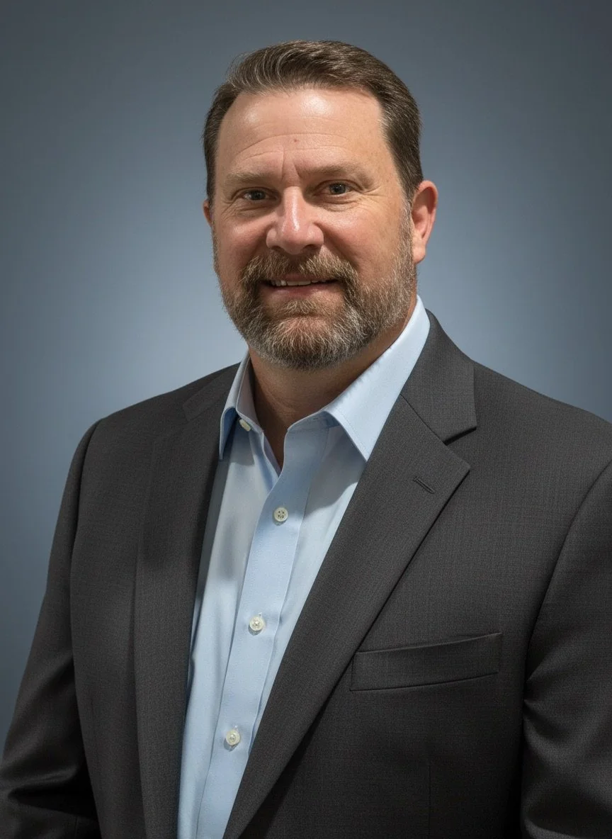 Headshot of a middle-aged man with a beard and short brown hair, wearing a dark gray suit and a light blue shirt, smiling at the camera against a plain gray background.