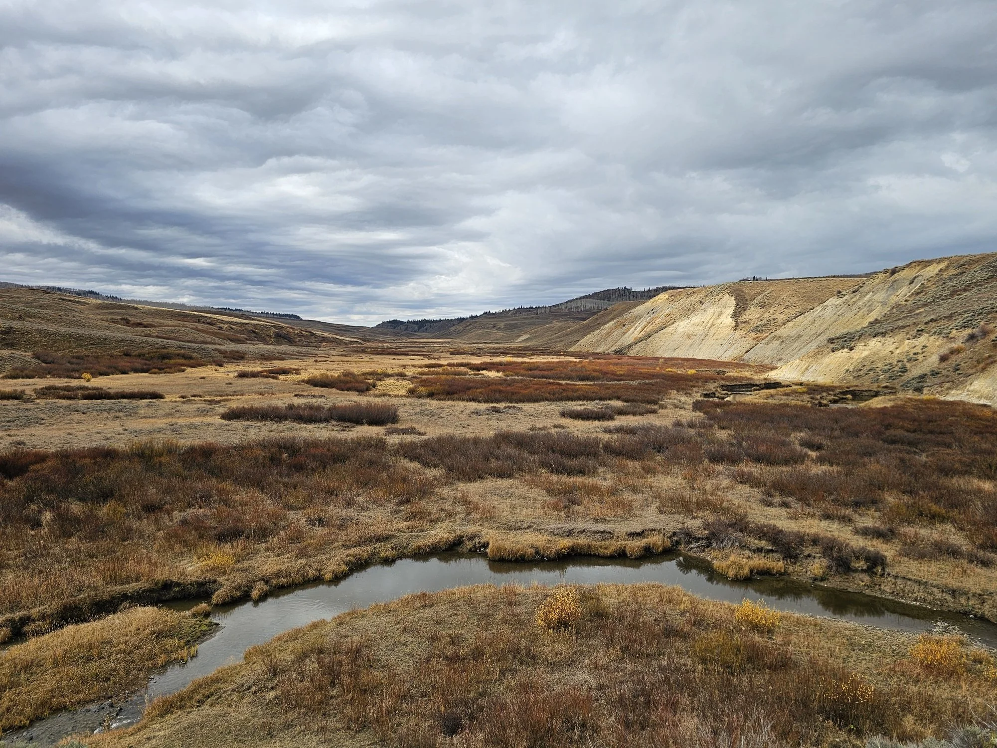 Scenic landscape of rolling hills with dry grass, low shrubs, and a small pond in the foreground under a cloudy sky.