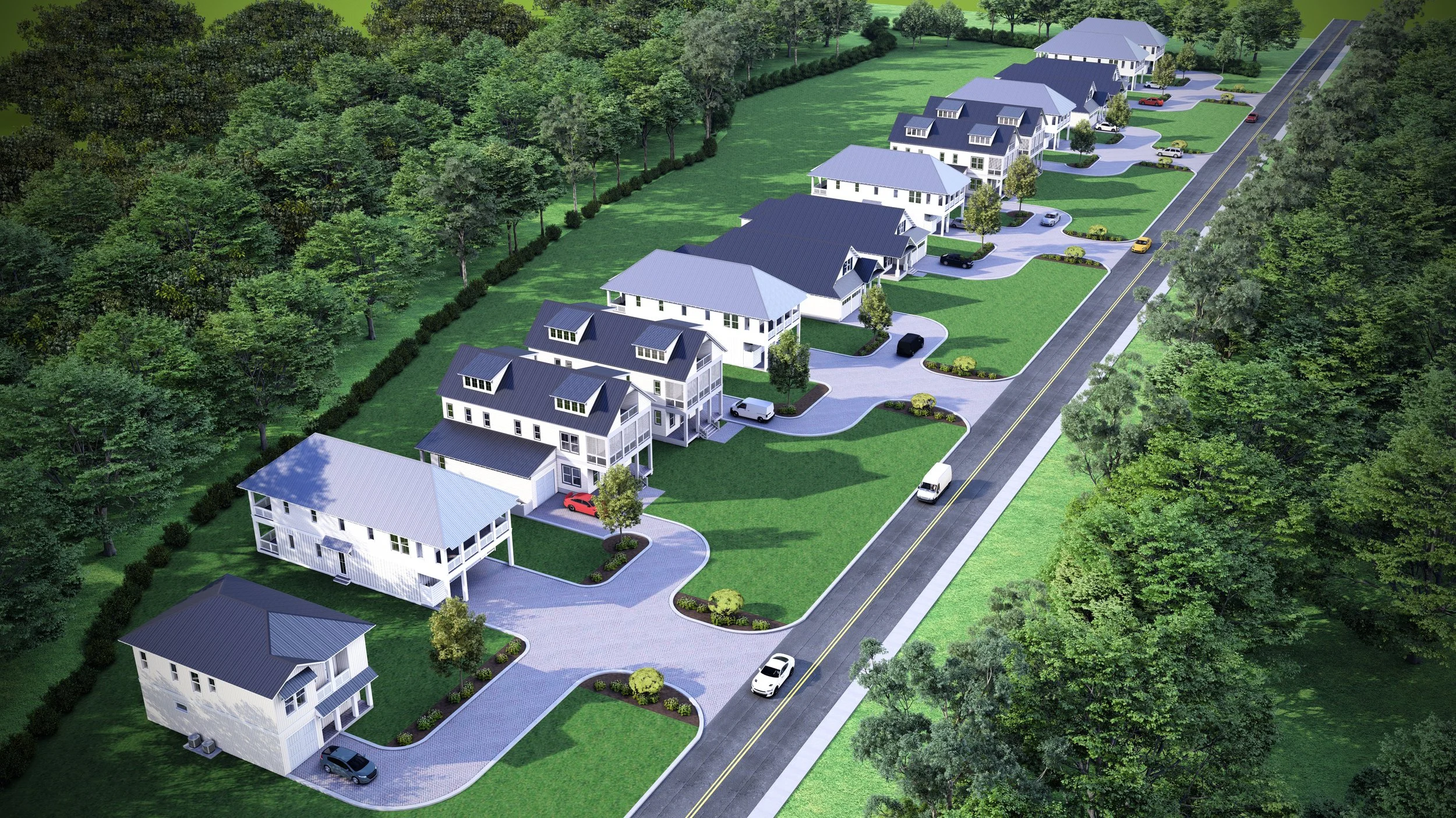 Aerial view of a residential neighborhood with modern houses, green lawns, trees, and a street with parked cars.