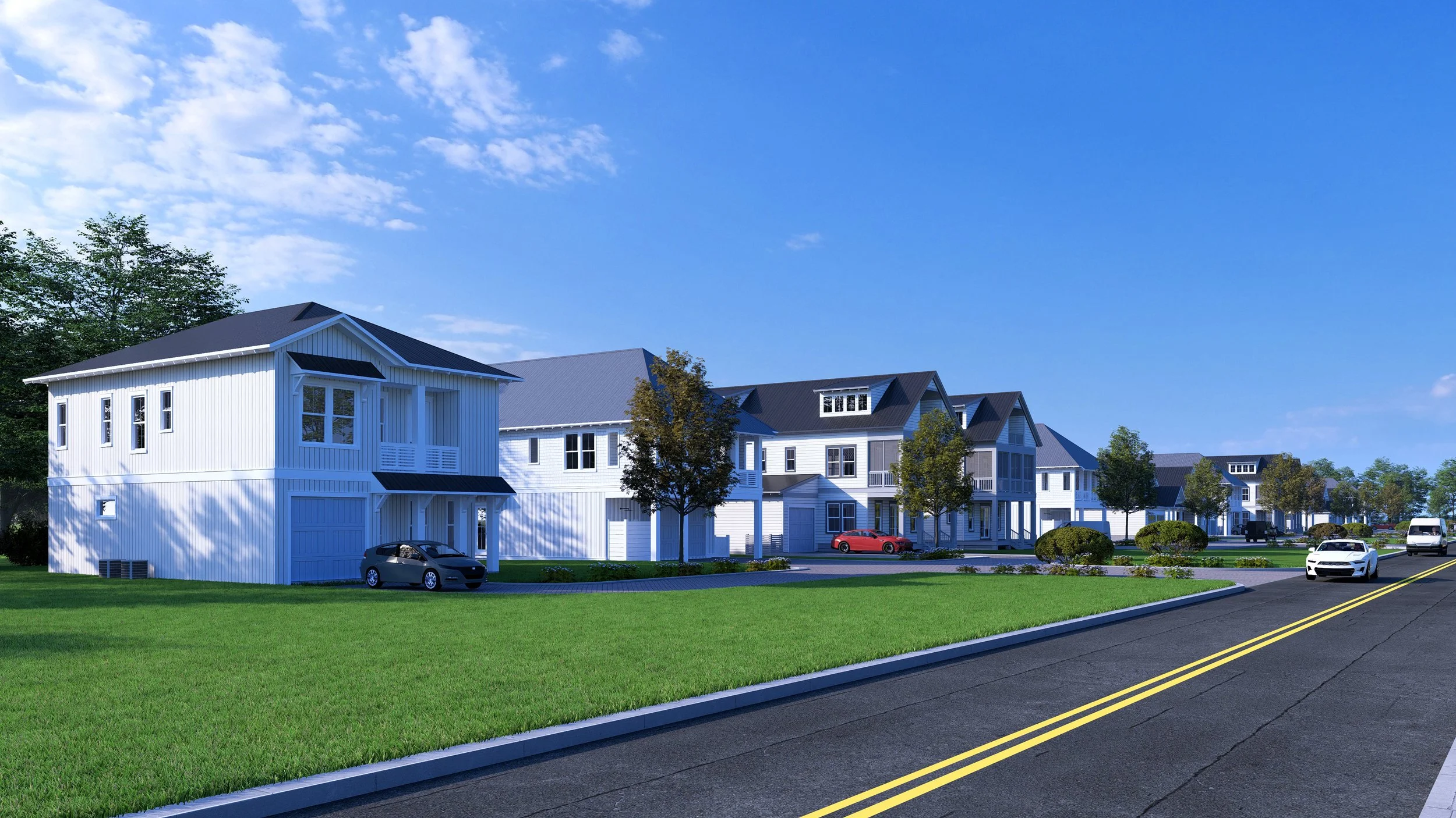A suburban neighborhood with modern white houses, green lawns, several trees, parked cars, and a clear blue sky with some clouds.