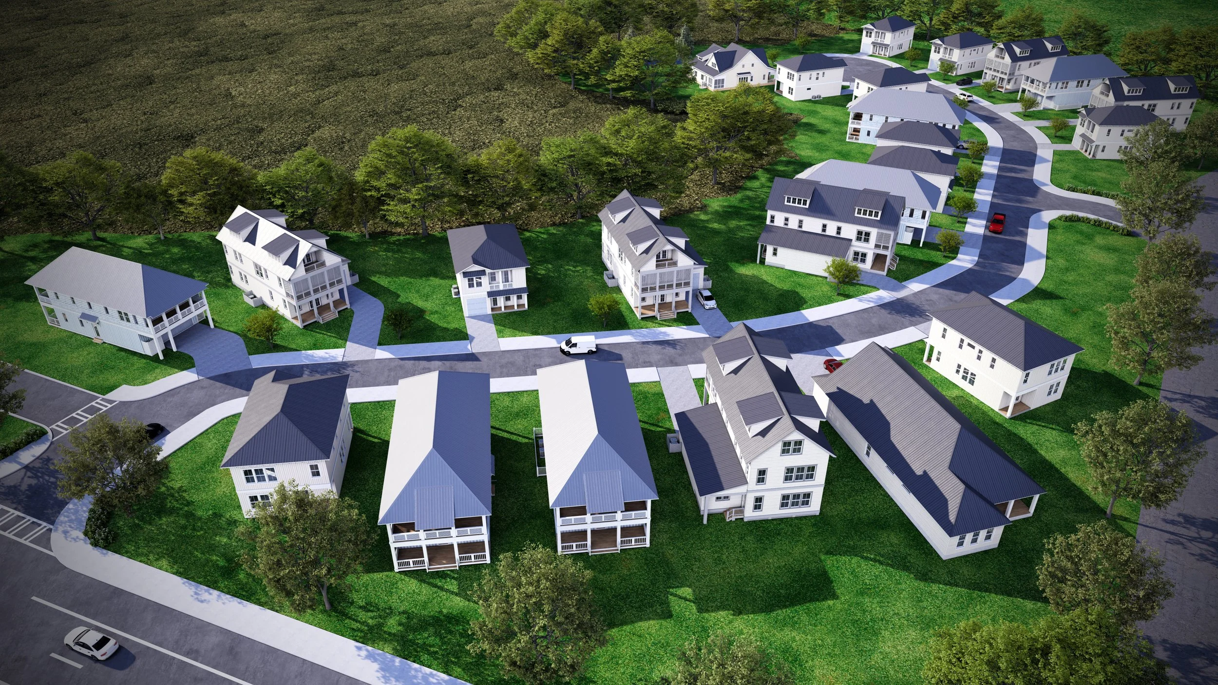 An aerial view of a suburban neighborhood with multiple white houses with blue roofs, green lawns, trees, and winding roads.