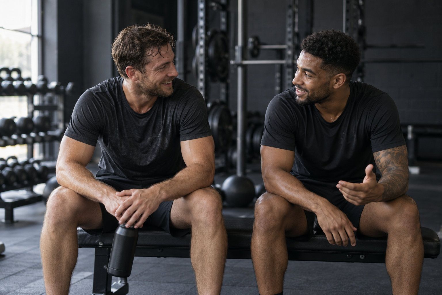 Conceptual image of two men sharing a conversation in a gym
