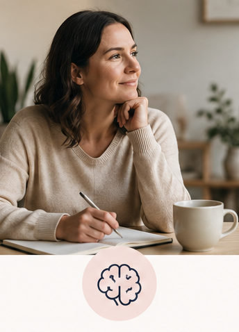 A woman with dark wavy hair, wearing a beige sweater, sitting at a table with a notebook and pen, and a white coffee mug, looking thoughtfully to her right in a cozy, well-lit room with plants in the background.