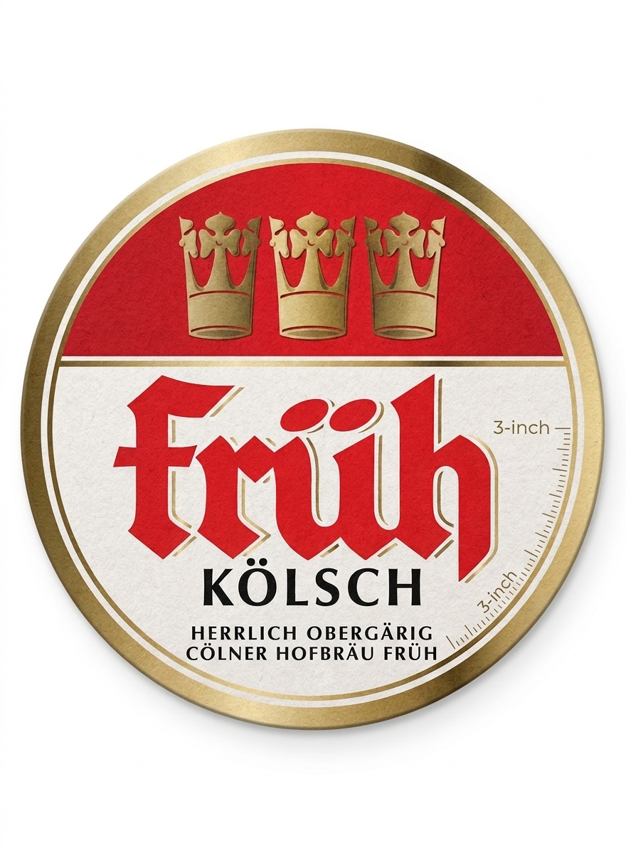 A round beer label with a gold border and red background, featuring three gold crowns at the top. The text reads 'früh KÖLSCH' with additional descriptions in German, and a measurement scale on the right side.