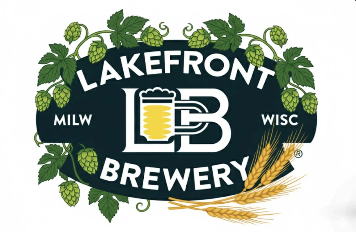 Logo of Lakefront Brewery with hop vines and wheat stalks surrounding the brewery name and initials.