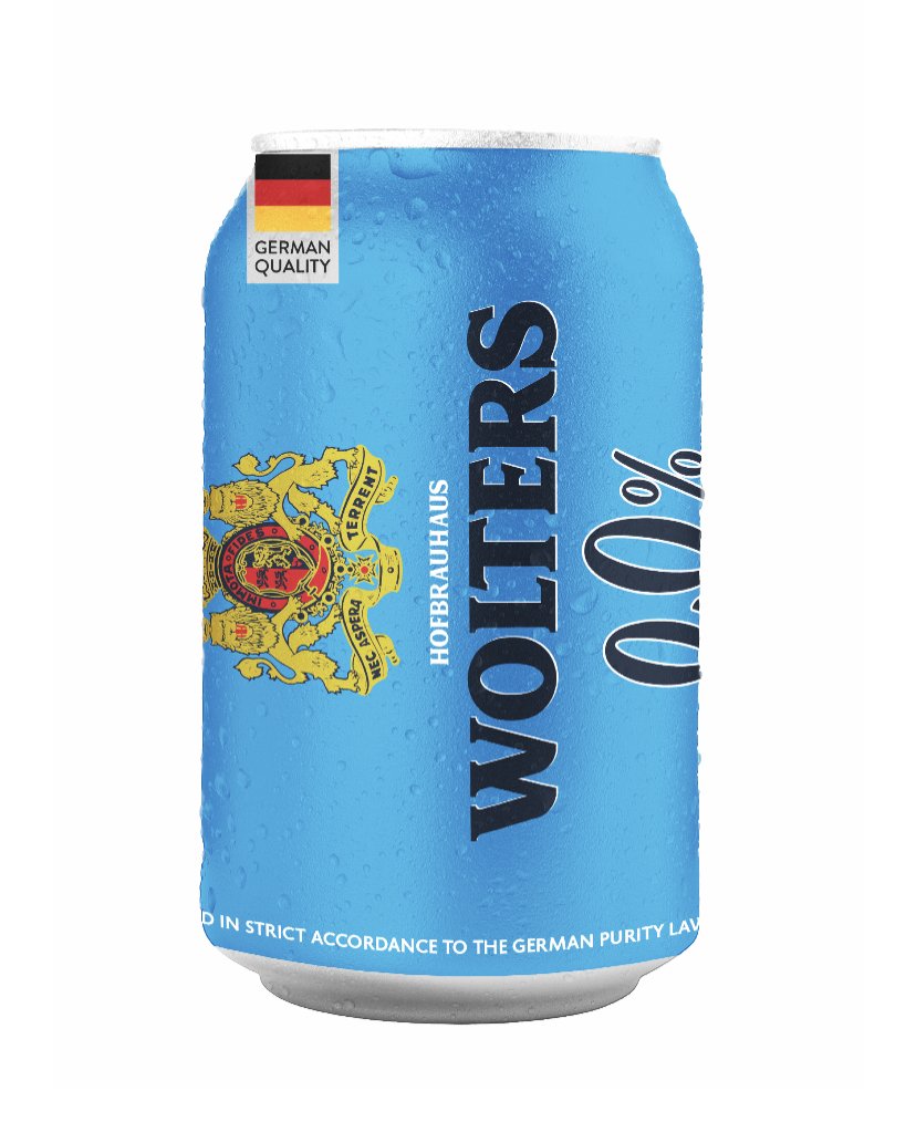 Can of Wolfers non-alcoholic beer with blue label, German shield emblem, and German flag indicating quality