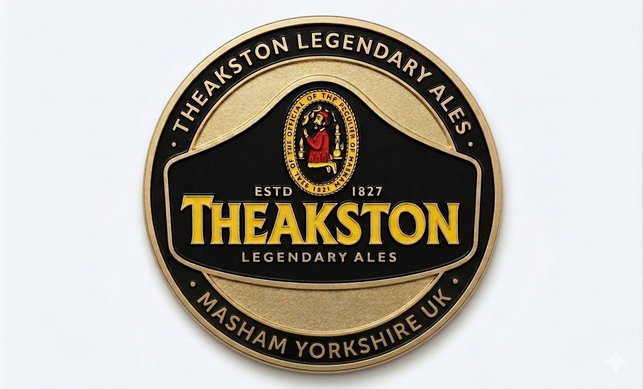 A round metal beer coaster with black, gold, and yellow colors featuring the logo of Theakston Legendary Ales, including the text "Theakston" and "Legendary Ales," and a crest with a man holding a horn, surrounded by the phrase "Official of the Accum of Haskey". The outer ring has the text "Theakston Legendary Ales" and "Masham Yorkshire UK."