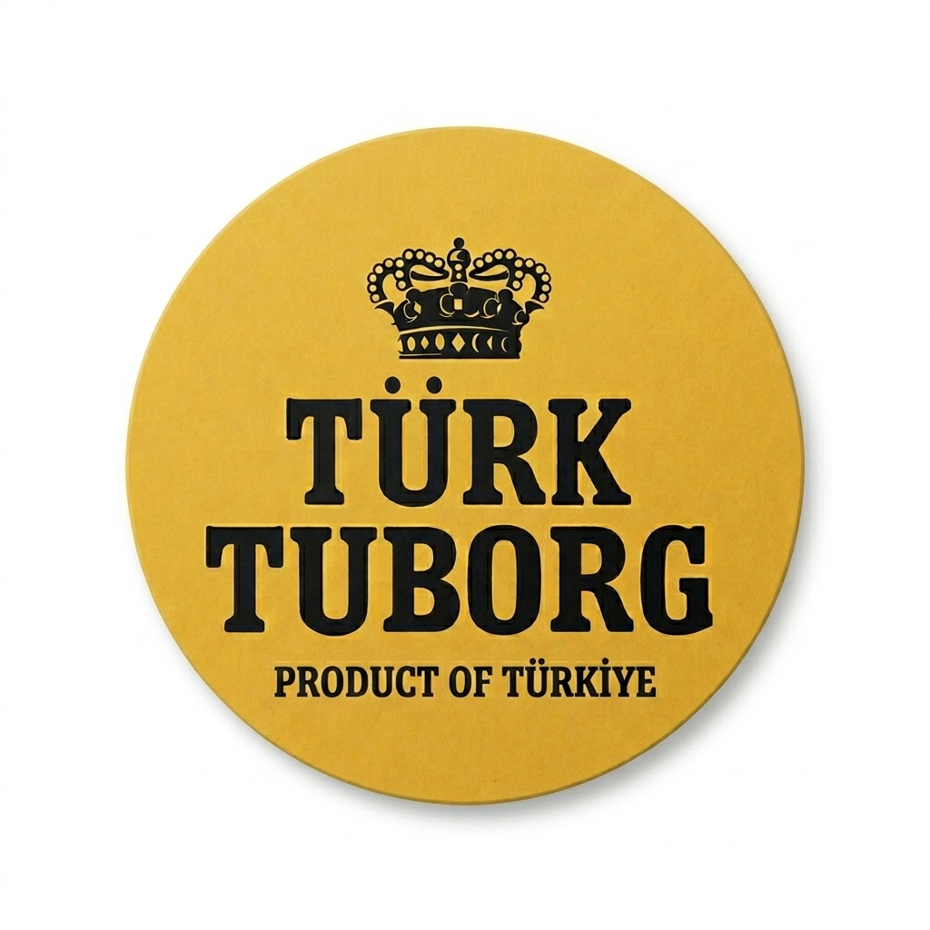 Yellow round coaster with black text and crown logo, reading "TÜRK TUBORG" and "PRODUCT OF TÜRKİYE"